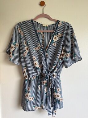 Sienna Sky Blue & White Striped V Neck Floral Top